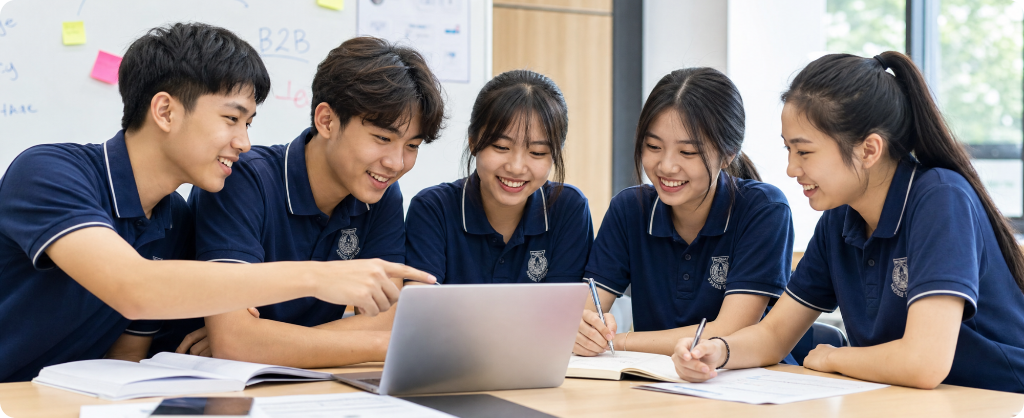ノートPCを囲んでディスカッションする学生たち