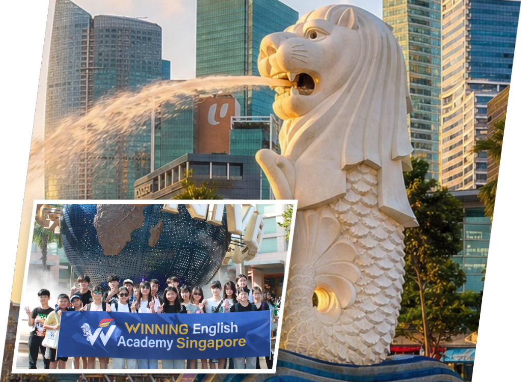 マーライオンと、WINNING English Academy Singaporeの横断幕を持つ参加者たち