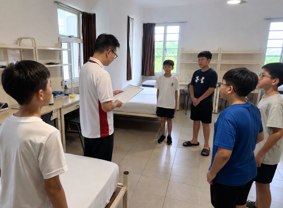 寮の部屋でスタッフが点呼を行う様子